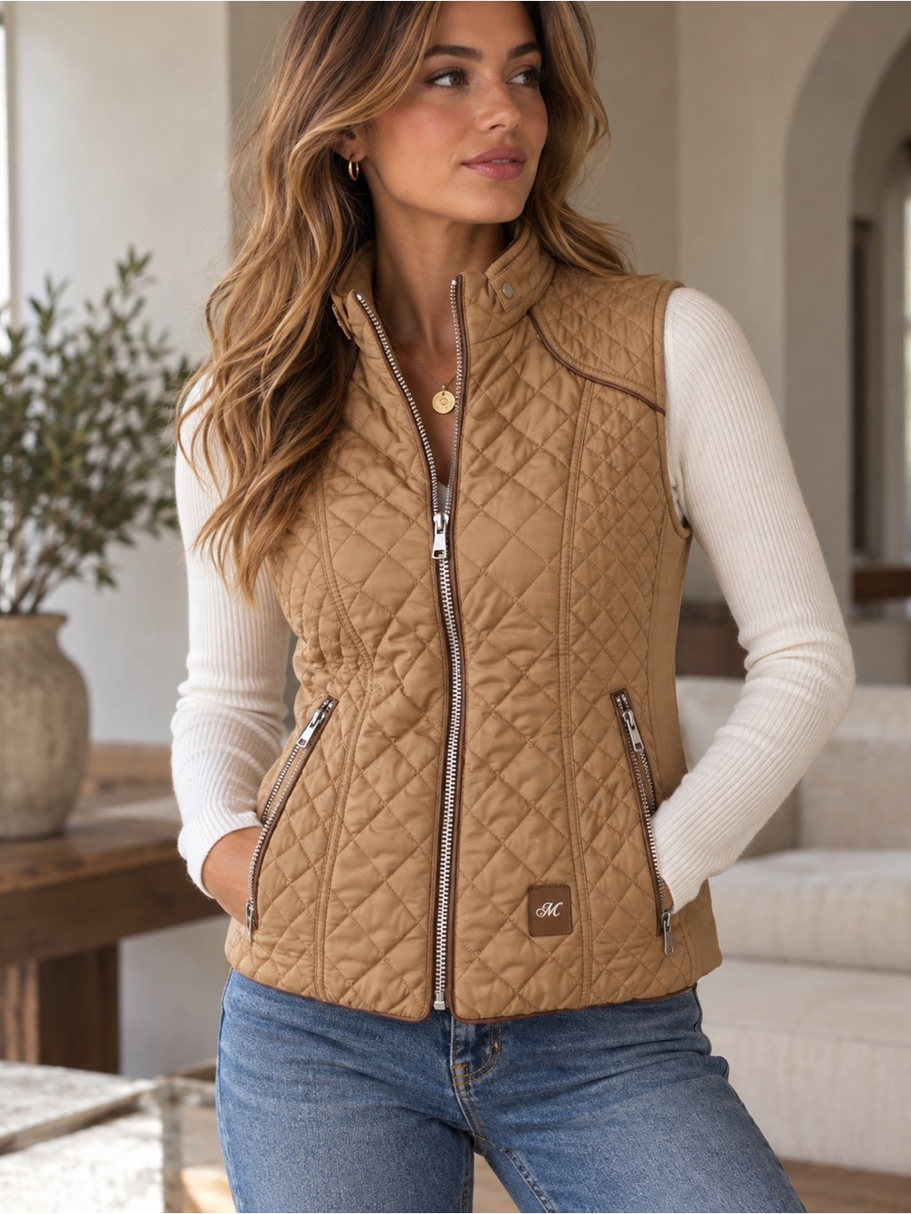 Massiche & Co. Premium Quilted Faux Fur Lined Vest Taupe M